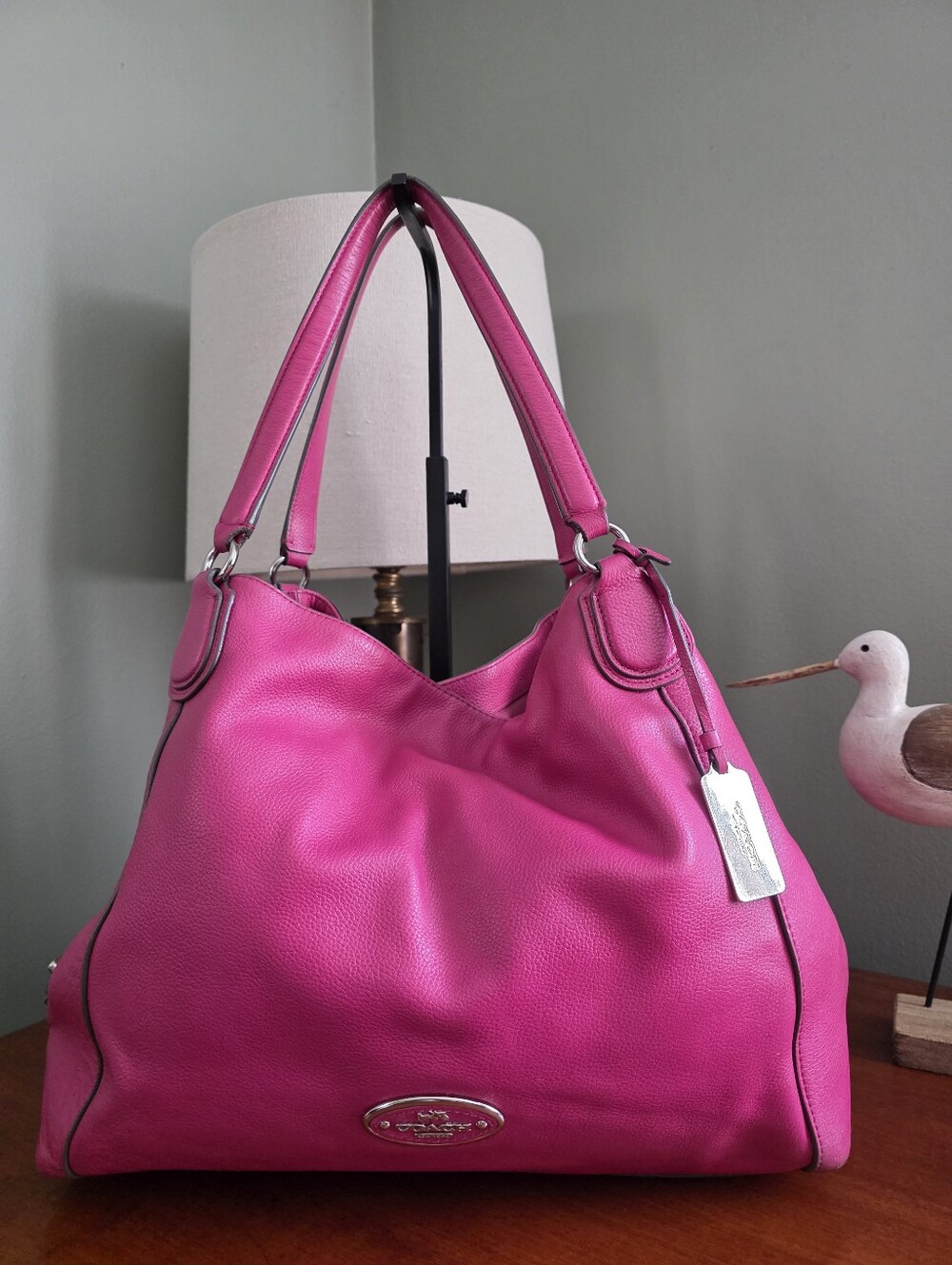 Coach 33547 Edie Shoulder Bag Fuchsia Pink Pebbled Leather Purse
